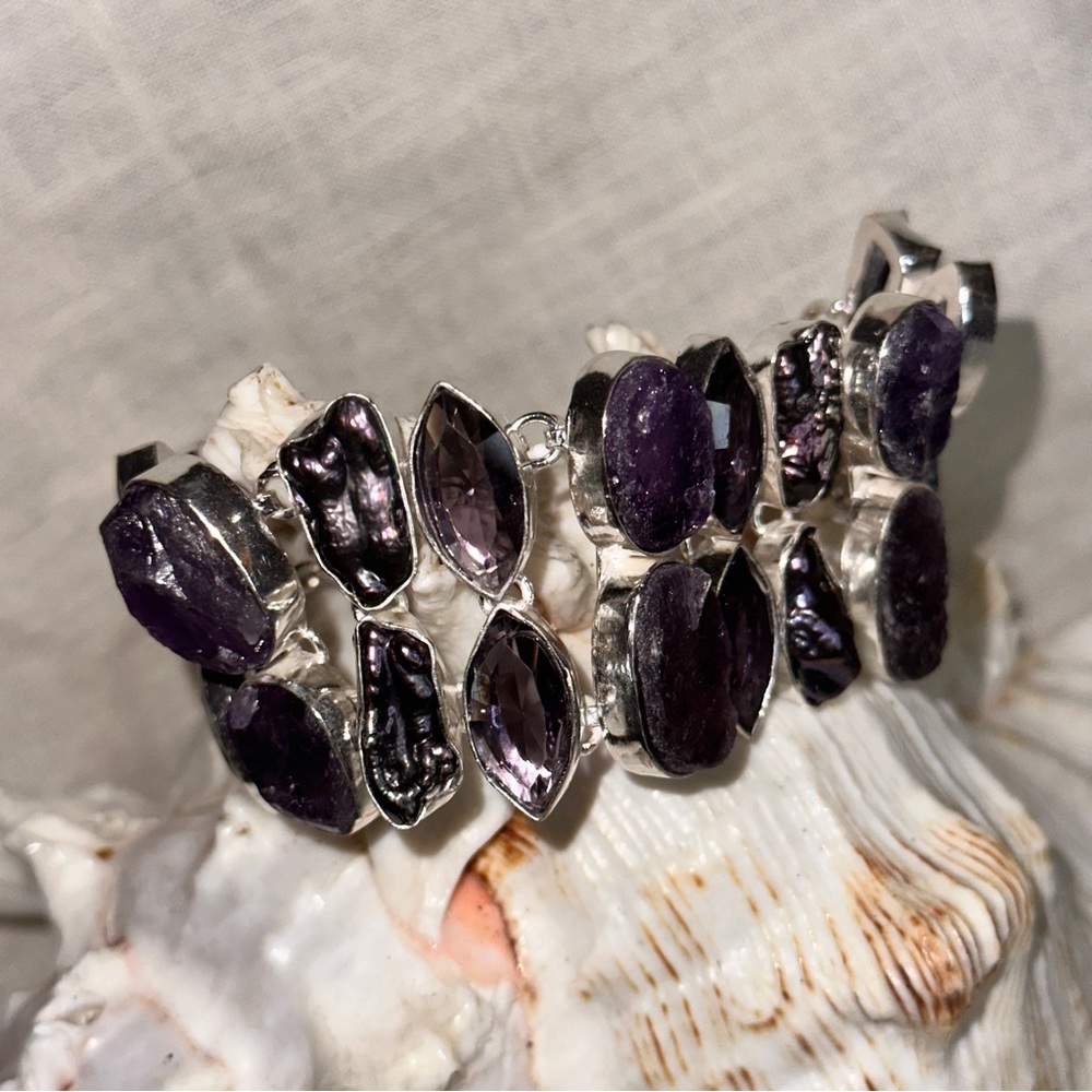 Gorgeous Rough Amethyst + Polished Amethyst + Biwa Pearl statement Bracelet Cuff